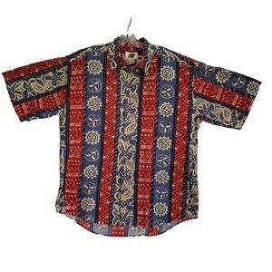 Vintage Field Gear Shirt Mens Large Tall Red Blue Aztec Print Pocket Camp